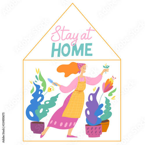 Stay home vector quarantine illustration with woman planting