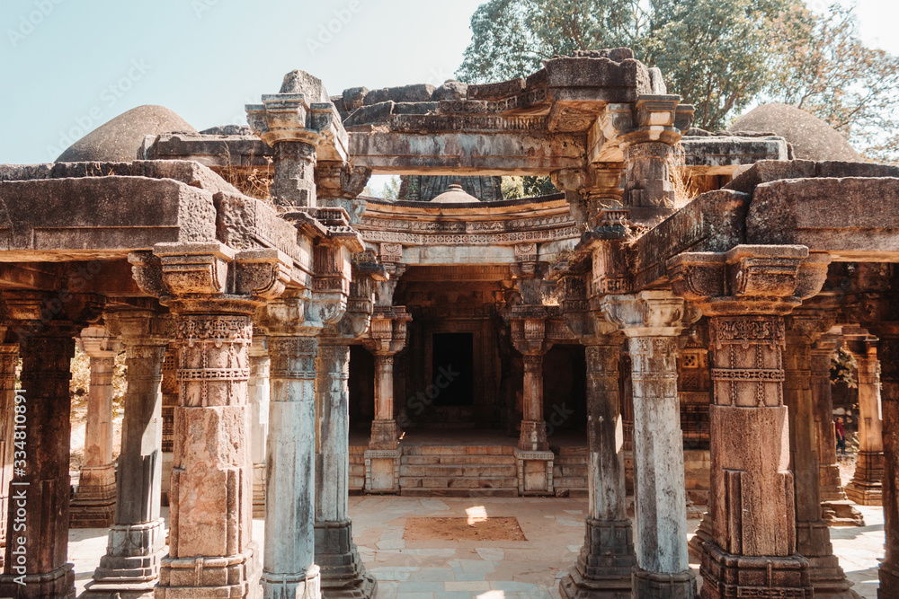 View of the interior of the Jain lakhena Temple at Polo Forest in Gujarat, India