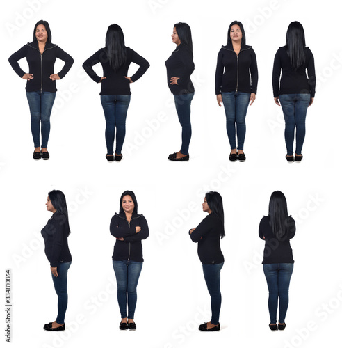front,rear and side view of a woman with various poses