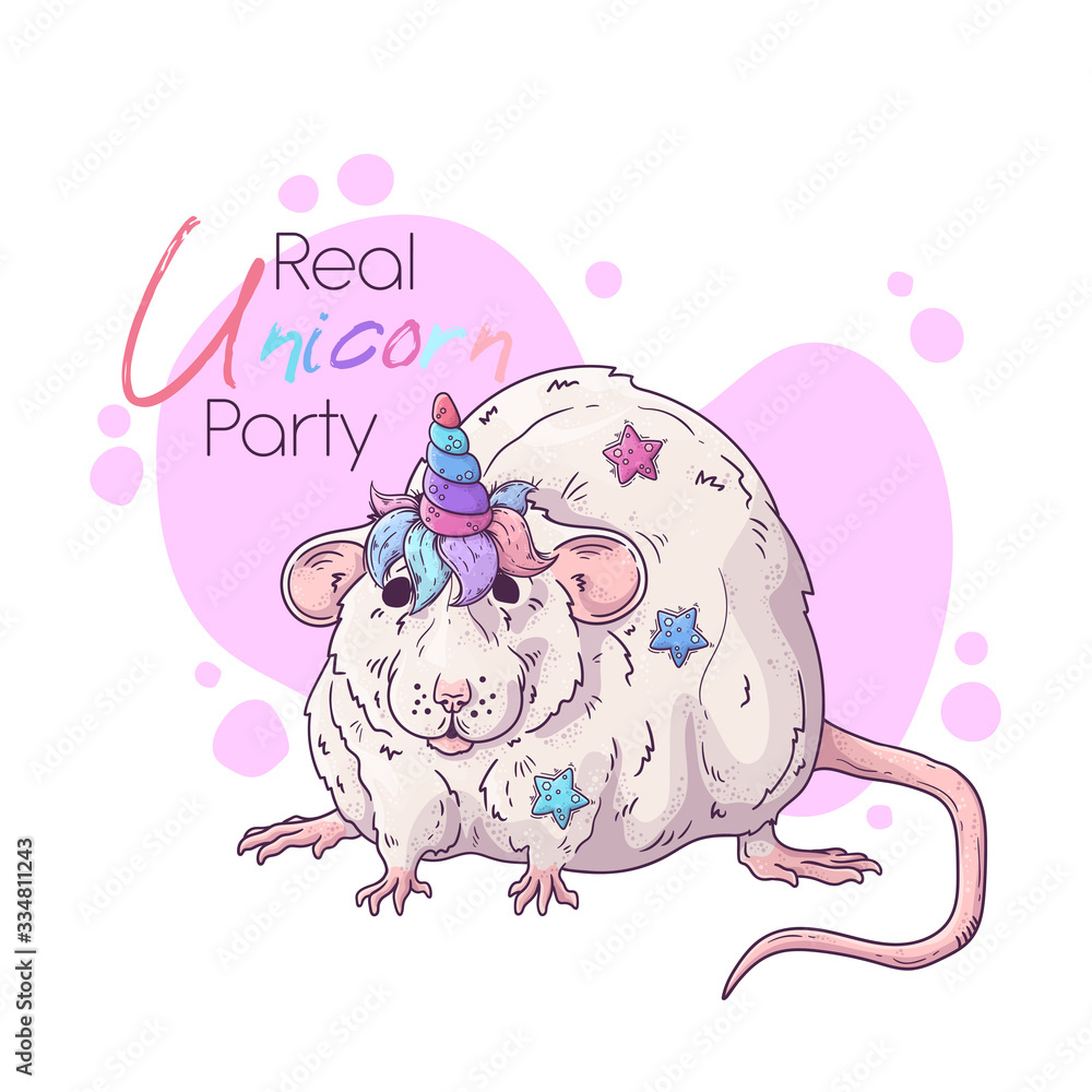 Hand drawn illustration of the rat with a magic unicorn horn. Vector. Hand drawn illustration of the rat with a magic unicorn horn. Vector.