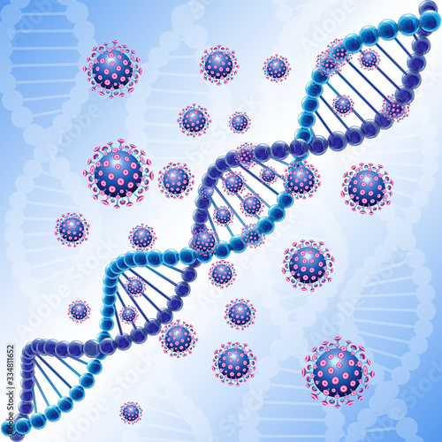 DNA and virus attack. Shiny DNA chain and genetic mutation process. Science and medical blue background. GMO illustration. Isolated abstract graphic design template. Creative textured image.