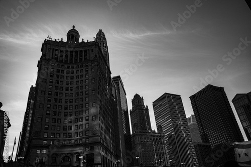 Skyscrapers along the river in Chicago photo