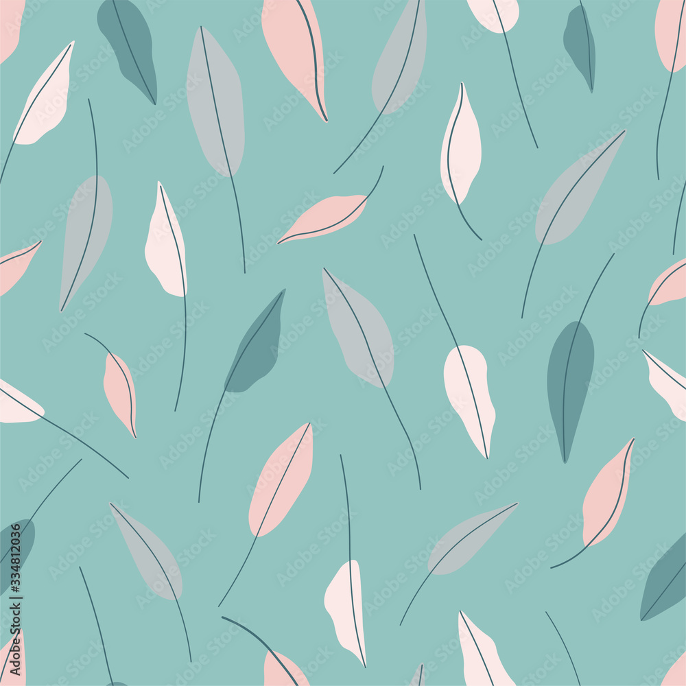 Hand drawn leaves seamless repeat vector pattern for wrapping paper,fabrics,textile,wallpaper.Botanical vector pattern.Green,white,grey and pink leaves on a green background. Hand drawn leaves seamless repeat vector pattern for wrapping paper,fabrics,textile,wallpaper.Botanical vector pattern.Green,white,grey and pink leaves on a green background.