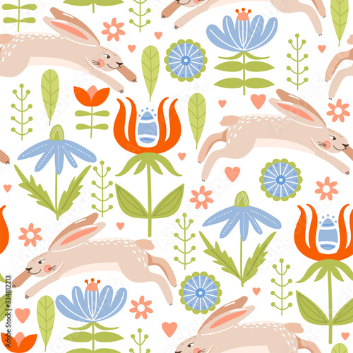 Easter seamless pattern with cute various bunnies, flowers and leaves. Texture for textile, postcard, wrapping paper, packaging etc. Vector illustration.