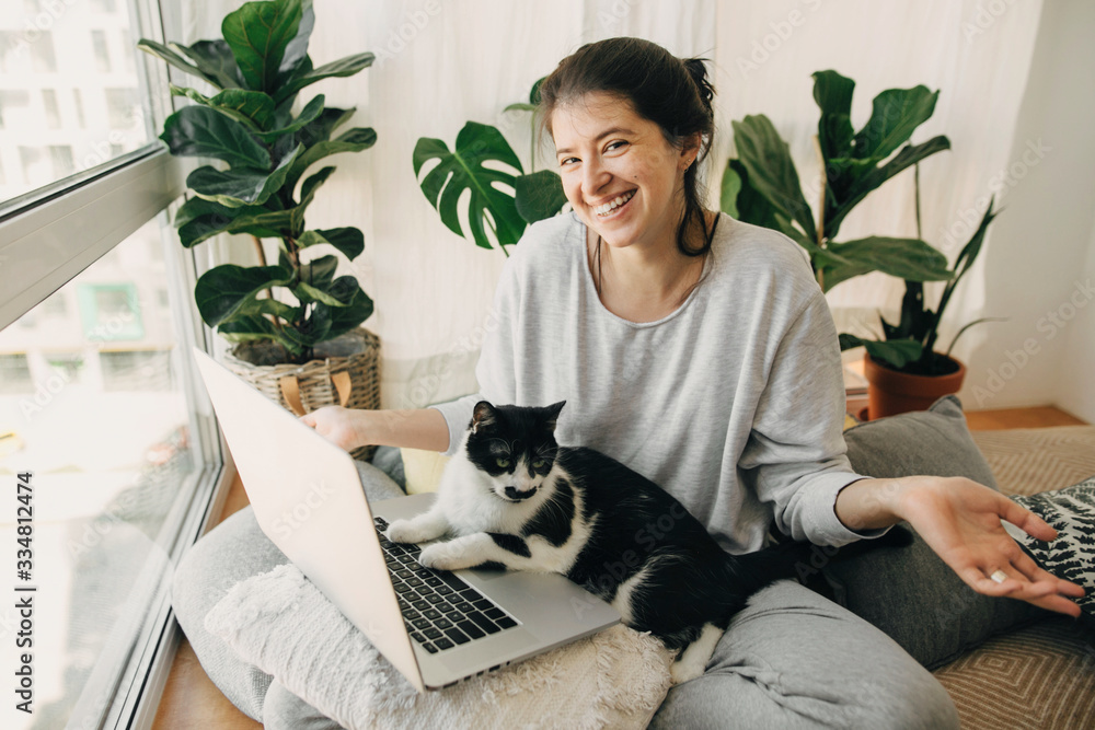 Cute cat helping owner during quarantine, loyal companion. Casual girl working on laptop with her cat, sitting together in modern room with pillows and plants. Home office.  Stay home stay safe - obrazy, fototapety, plakaty 