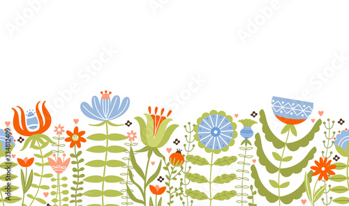 Happy Easter seamless spring floristic frame border. Various flowers, branch and leaves. Vector illustration with copy space for card, invitation, poster, flyer etc.