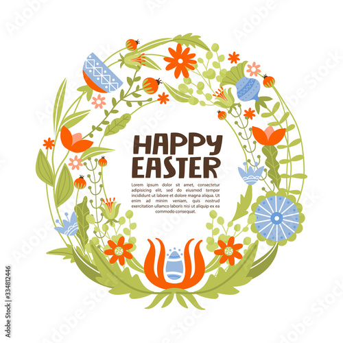 Happy Easter greeting card with copy space. Spring floristic wreath with various flowers, branch and leaves. Creative lettering composition. Vector illustration for card, invitation, poster etc.