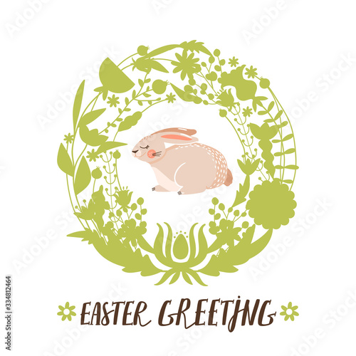 Happy Easter greeting card. Spring floristic wreath, bunny and lettering. Vector illustration for card, invitation, poster, flyer etc.