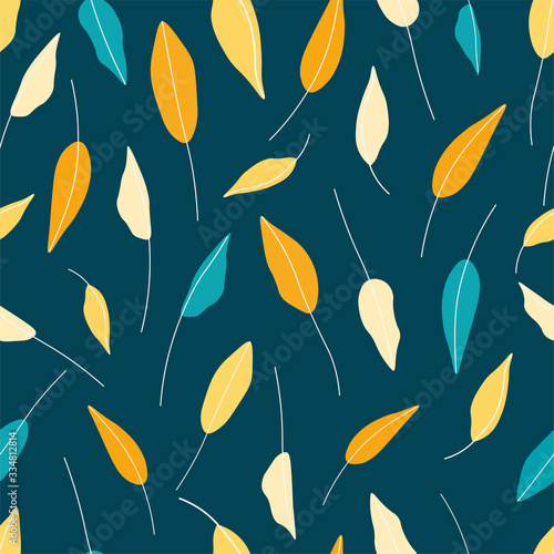 Hand drawn leaves seamless repeat vector pattern for wrapping paper fabrics textile wallpaper.Botanical vector pattern.Blue yellow orange leaves on a dark background.