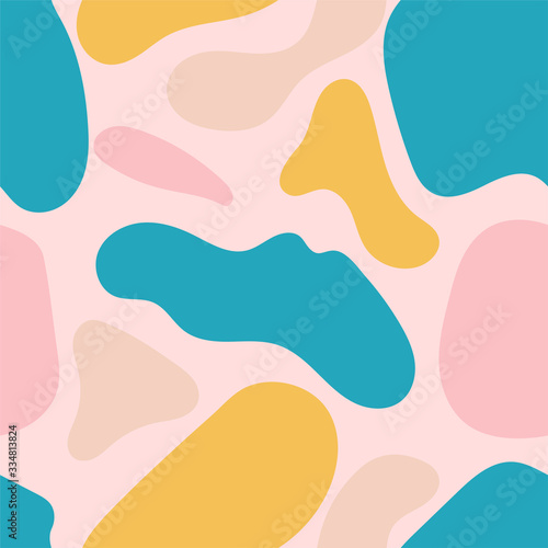 Abstract liquid shapes seamless repeat vector pattern.Hand drawn various shapes. Contemporary modern trendy vector illustrations.Blue,yellow and pink liquid shapes on pink background.