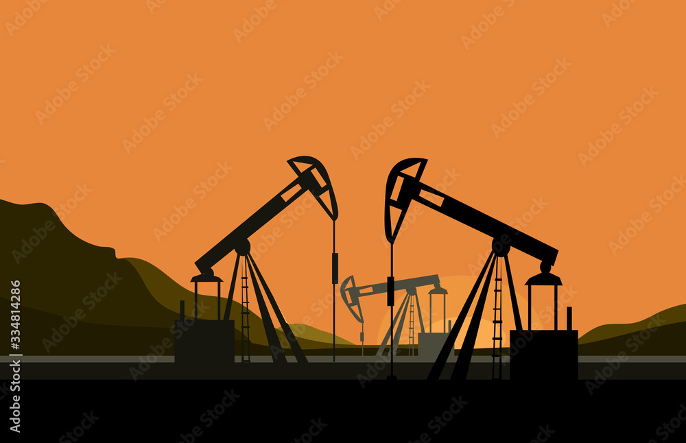 vector silhouettes of mining mechanisms on a sunset background. oil field development vector silhouettes of mining mechanisms on a sunset background. oil field development