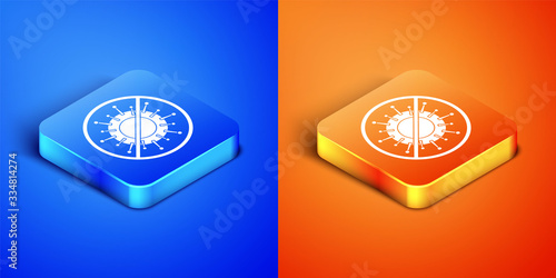 Isometric Stop virus icon isolated on blue and orange background. Corona virus 2019-nCoV. Bacteria and germs, cell cancer, microbe, fungi. Square button. Vector Illustration