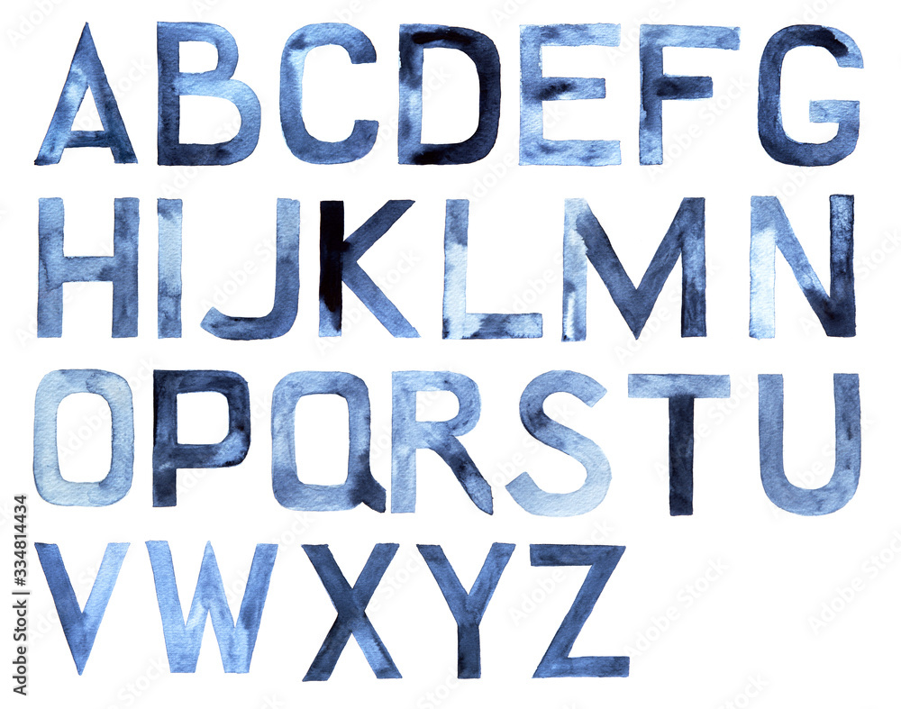 Watercolor alphabet. Latin ABC, hand drawn design element
