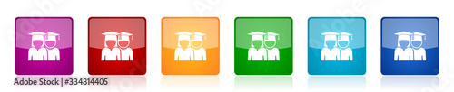 Education icon set, educate, graduate, female and male students colorful square glossy vector illustrations in 6 options for web design and mobile applications