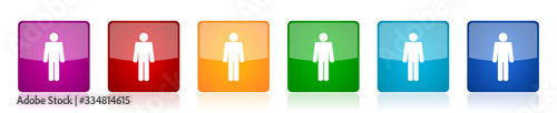 Male icon set, colorful square glossy vector illustrations in 6 options for web design and mobile applications