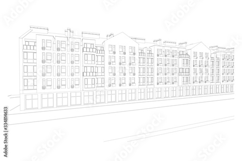 Multistory building facade, detailed architectural technical drawing, vector blueprint