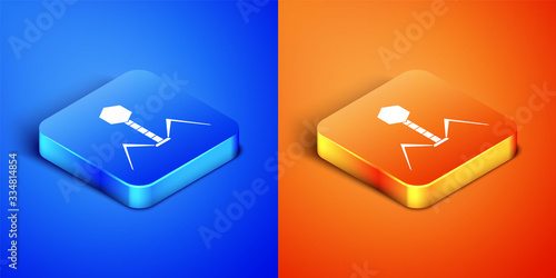 Isometric Bacteria bacteriophage icon isolated on blue and orange background. Bacterial infection sign. Microscopic germ cause diseases concept. Square button. Vector Illustration