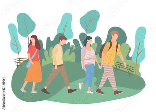 Modern young people walk park, great design for any purposes. Nature landscape with trees. Vector background with outdoor activity. Summer recreation. Friendship concept.