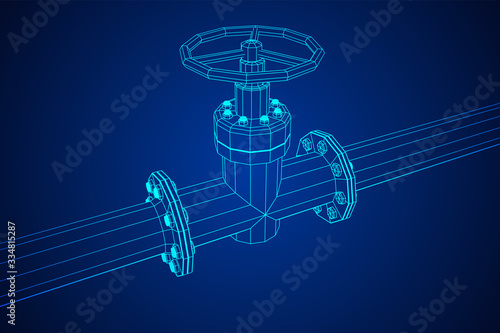 Oil pipeline with valve business concept. Finance economy polygonal petrol production. Petroleum fuel industry transportation line. Wireframe low poly mesh vector illustration.