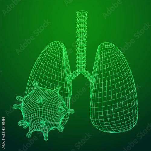 Corona Virus and Lungs with trachea bronchi internal organ human. Covid virus pulmonology medicine science concept. Wireframe low poly mesh vector illustration.