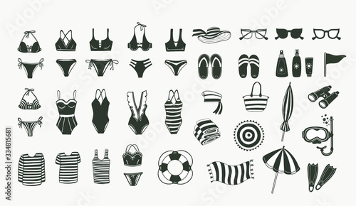 Large monochrome summer set of beach items, mask and flippers for diving, swimwear, towels and bedspreads, hats and caps of a sailor, sunglasses and slates, binoculars and a circle, isolated vector