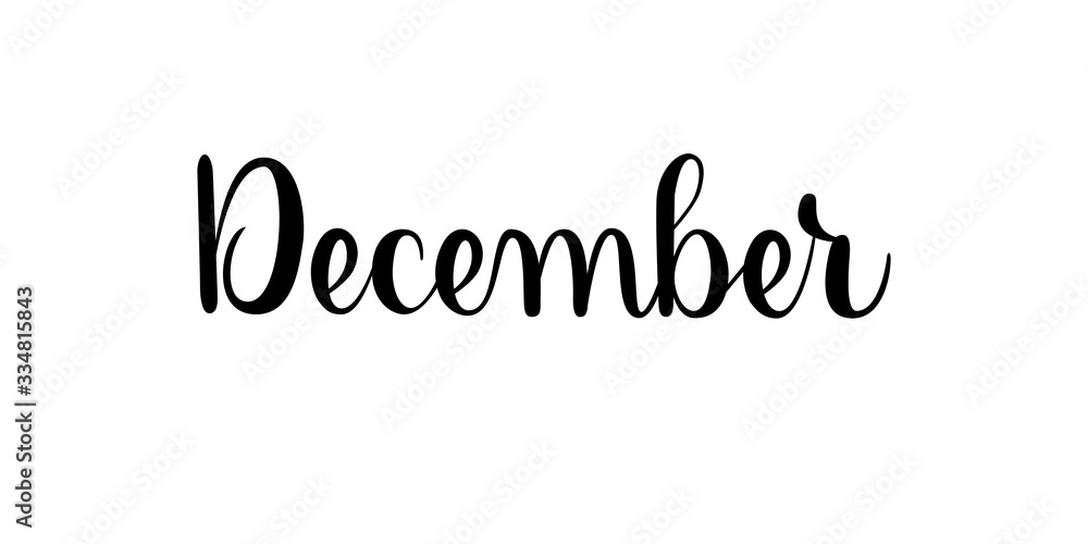 December. Handwritten month name on white background. Vector text element with black inscription. Modern brush calligraphy style