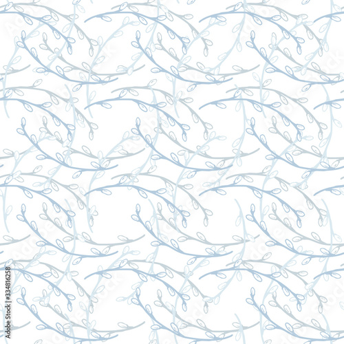 Fototapeta Naklejka Na Ścianę i Meble -  Delicate seamless pattern. Willow pattern in blue hues. Vector willow twigs isolated pattern. Concept for textile, covers, background, greeting card, wallpaper, clothes.