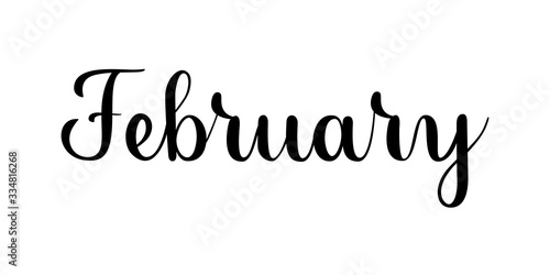 February. Handwritten month name on white background. Vector text element with black inscription. Modern brush calligraphy style