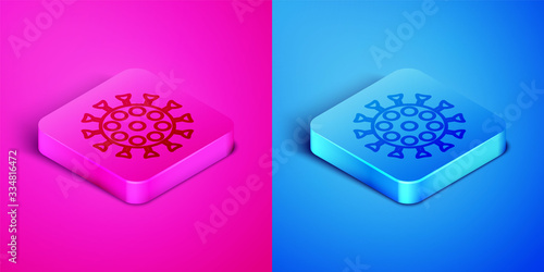 Isometric line Virus icon isolated on pink and blue background. Corona virus 2019-nCoV. Bacteria and germs, cell cancer, microbe, fungi. Square button. Vector Illustration