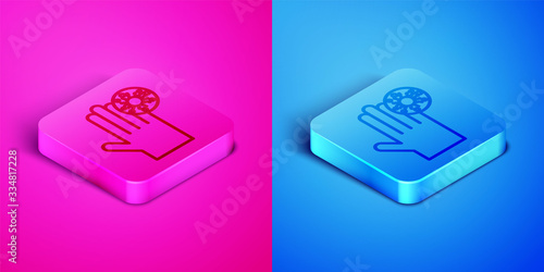 Isometric line Hand with virus icon isolated on pink and blue background. Corona virus 2019-nCoV. Bacteria and germs, cell cancer, microbe, fungi. Square button. Vector Illustration