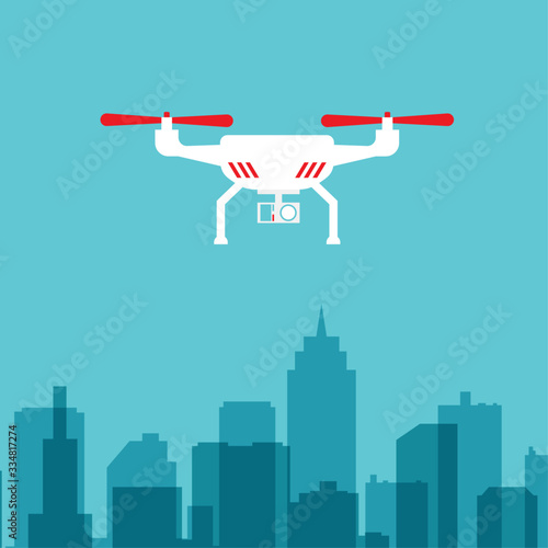 Drone with camera above the city landscape or background. Сontrol of drones by the phone. Fast and convenient transportation concept. Quadrocopter template. Isolated vector illustration.