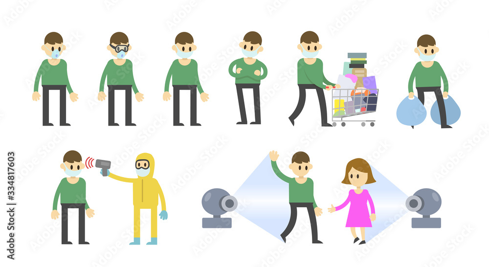 Various situations with cartoon characters wearing surgical masks in coronavirus crisis. Coronavirus epidemic outbreak measures, cartoon set. Flat vector illustration, isolated on white background. Various situations with cartoon characters wearing surgical masks in coronavirus crisis. Coronavirus epidemic outbreak measures, cartoon set. Flat vector illustration, isolated on white background.