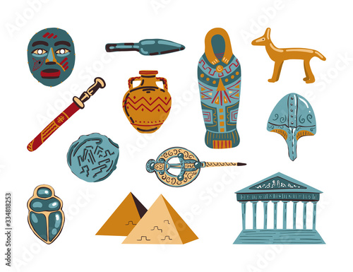 Set of exhibits isolated on white background. Historical museum. Ancient artifacts. Greece, Egypt, Old Rome. Collection of museum pieces. Vector illustration. Flat style.