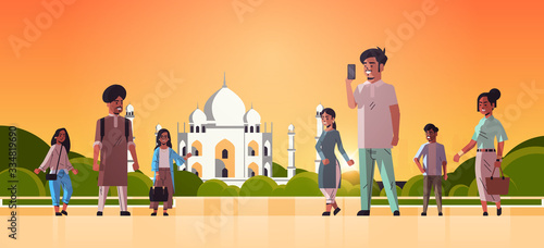 indian men women group walking outdoor people in casual clothes muslim nabawi mosque building cityscape background horizontal flat full length vector illustration