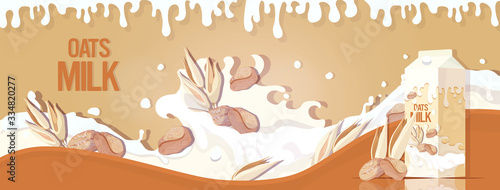 vegan plant based oats milk with splashing liquid and seeds organic dairy free natural organic milk in paper packaging horizontal vector illustration