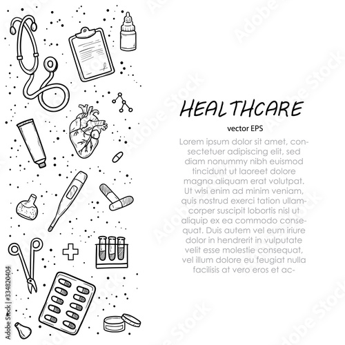 Healthcare and Medicine Vector illustration. Hand Drawn Doodle Drugs and Medical Products and Devices Background for your design