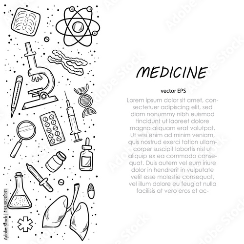 Healthcare and Medicine Vector illustration. Hand Drawn Doodle Drugs and Medical Products and Devices Background for your design