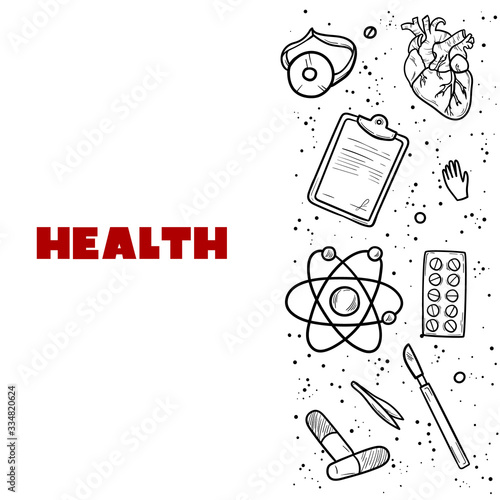 Healthcare and Medicine Vector illustration. Hand Drawn Doodle Drugs and Medical Products and Devices Background for your design