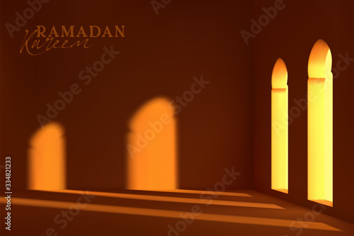 Ramadan Kareem. Design Arabic style empty room wide with windows moonlight sift through window. Realistic 3d vector illustration. Warm rays of morning sunrise, evening sunset. Islamic interior mosque.