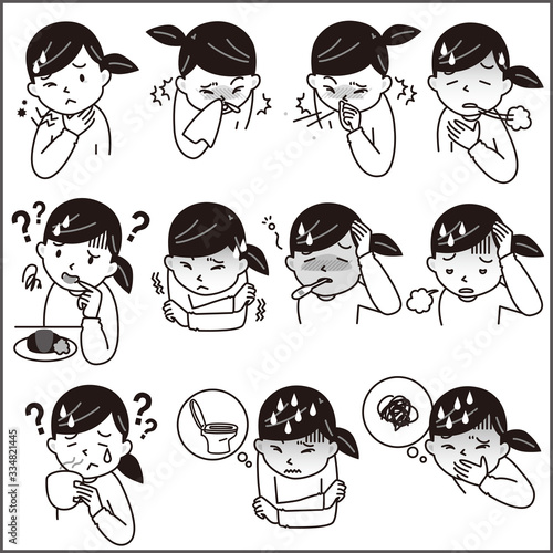 COVID-19の感染症状例のモノクロイラストセット