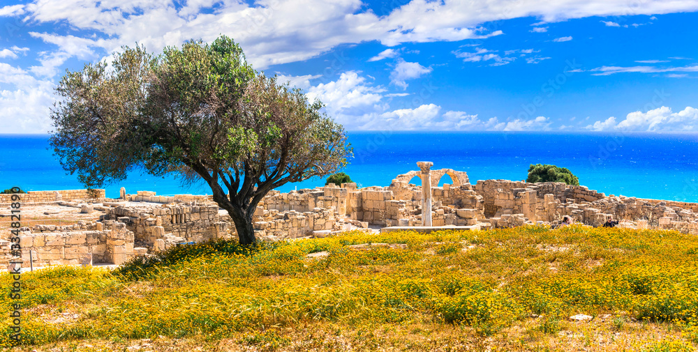 Ancient temples and turquoise sea -main touristic attractions of Cyprus island. columns of Kourion temple