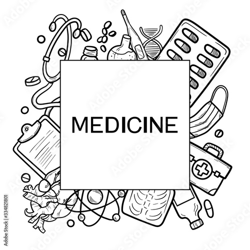 Healthcare and Medicine Vector illustration. Hand Drawn Doodle Medical Products and Devices Background