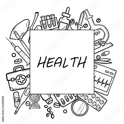 Healthcare and Medicine Vector illustration. Hand Drawn Doodle Medical Products and Devices Background