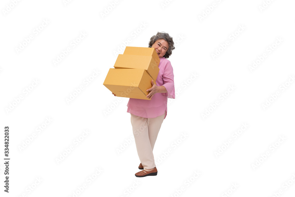 Happy asian senior woman holding package parcel box isolated on white background, Delivery courier and shipping service concept Happy asian senior woman holding package parcel box isolated on white background, Delivery courier and shipping service concept
