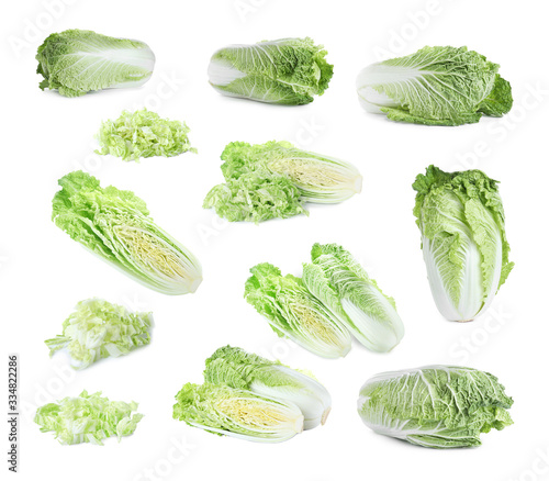 Set of fresh ripe Chinese cabbages on white background