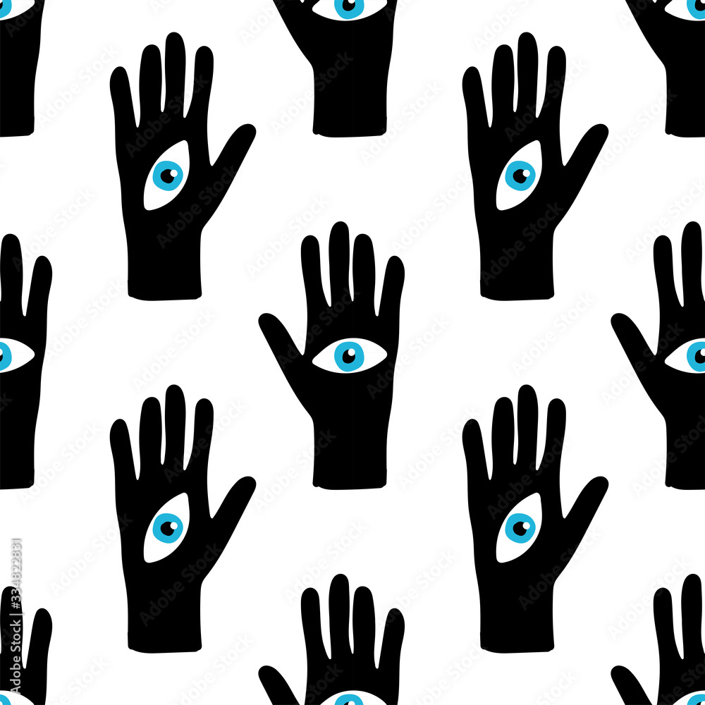 Obraz premium Trendy seamless pattern with hand drawn magic elements as hand with the eye