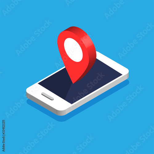 Isometric phone with map navigation on a display. GPS navigator with red pinpoint. City map with point markers. Vector illustration isolated on blue background.	