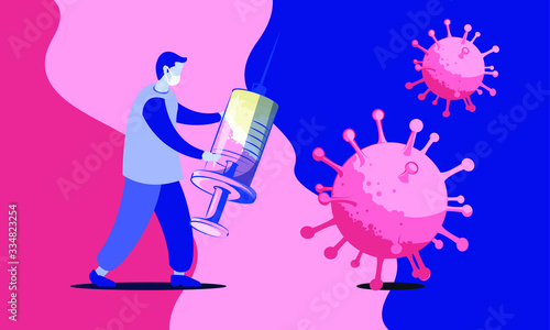 colorful vector illustration of coronavirus covid19 showing a man carrying vaccine against coronaviruses