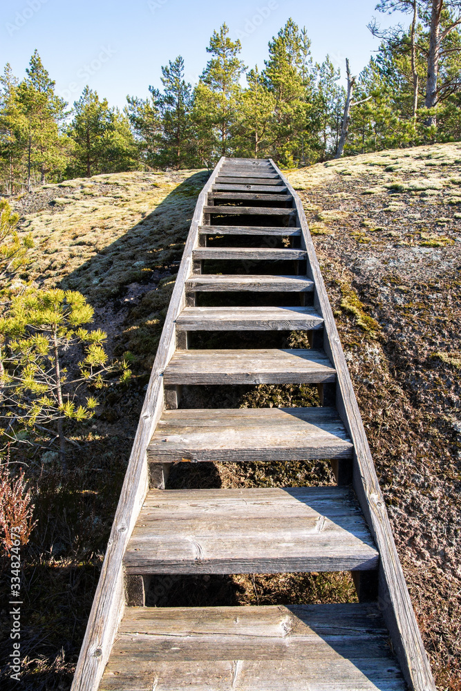 Wooden stairway, part of the hiking trail, Jarso, Kirkkonummi, Finland Wooden stairway, part of the hiking trail, Jarso, Kirkkonummi, Finland