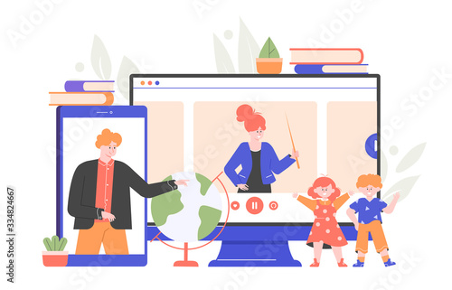Home schooling. Children watch a lesson online. Girl and boy are listening to teachers from a computer and smartphone. Vector flat illustration